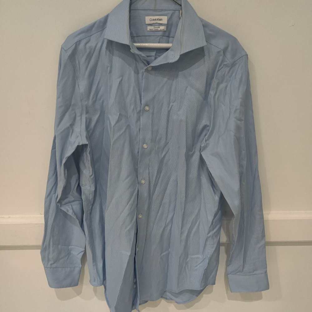 DEFECT Calvin Klein Men SlimFit Performance 15.5 32/33 Striped Blue $75 A382